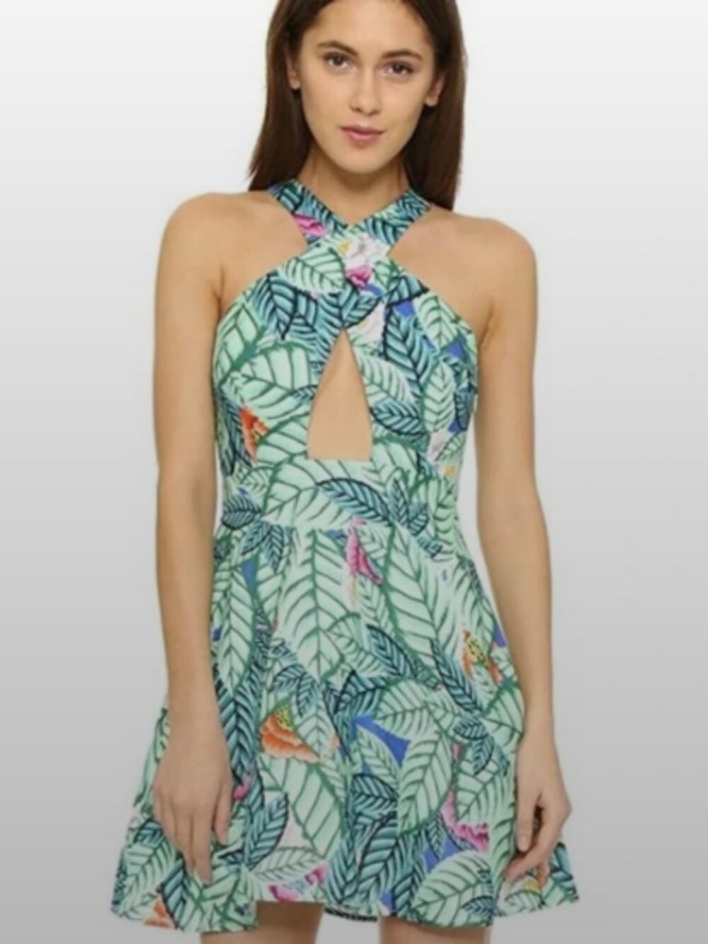 MARA HOFFMAN Linen Tropical Leaf Floral Crossover Halter Neck Sleeveless Dress 2